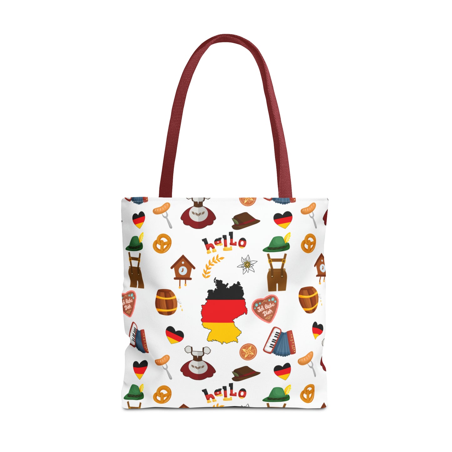 Authentic German Charm Tote: Flag, Traditional Attire, Pretzels, Sausages & More! Ideal for Wanderlust Souls (AOP)