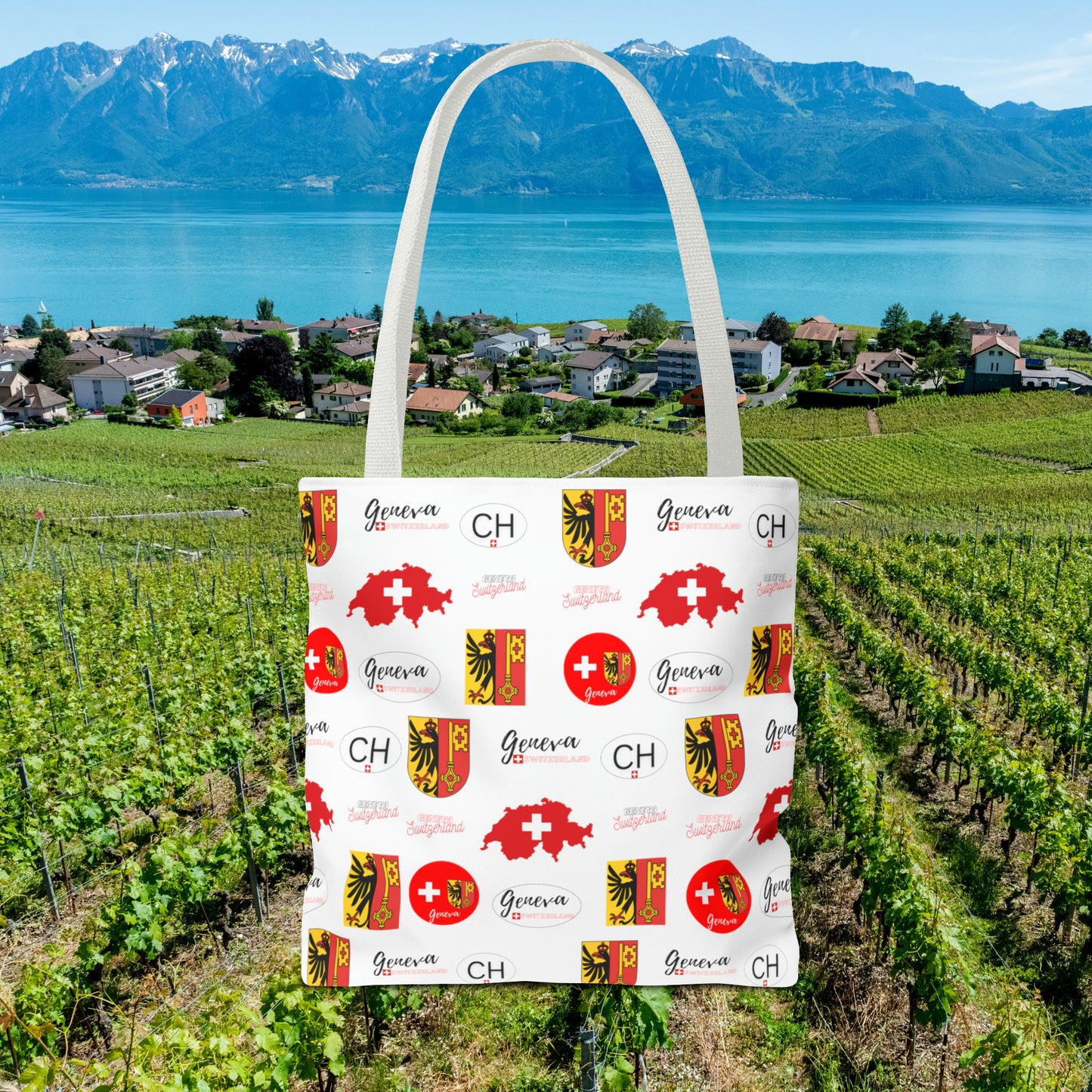 Swiss Splendor Tote: Geneva Coat of Arms, Flag, and Map Pattern