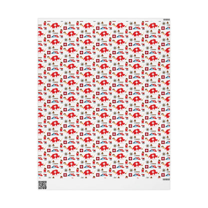 Swiss Travel and Culture Wrapping Paper - Swiss Map, Matterhorn, Edelweiss, Fondue, Chapel Bridge