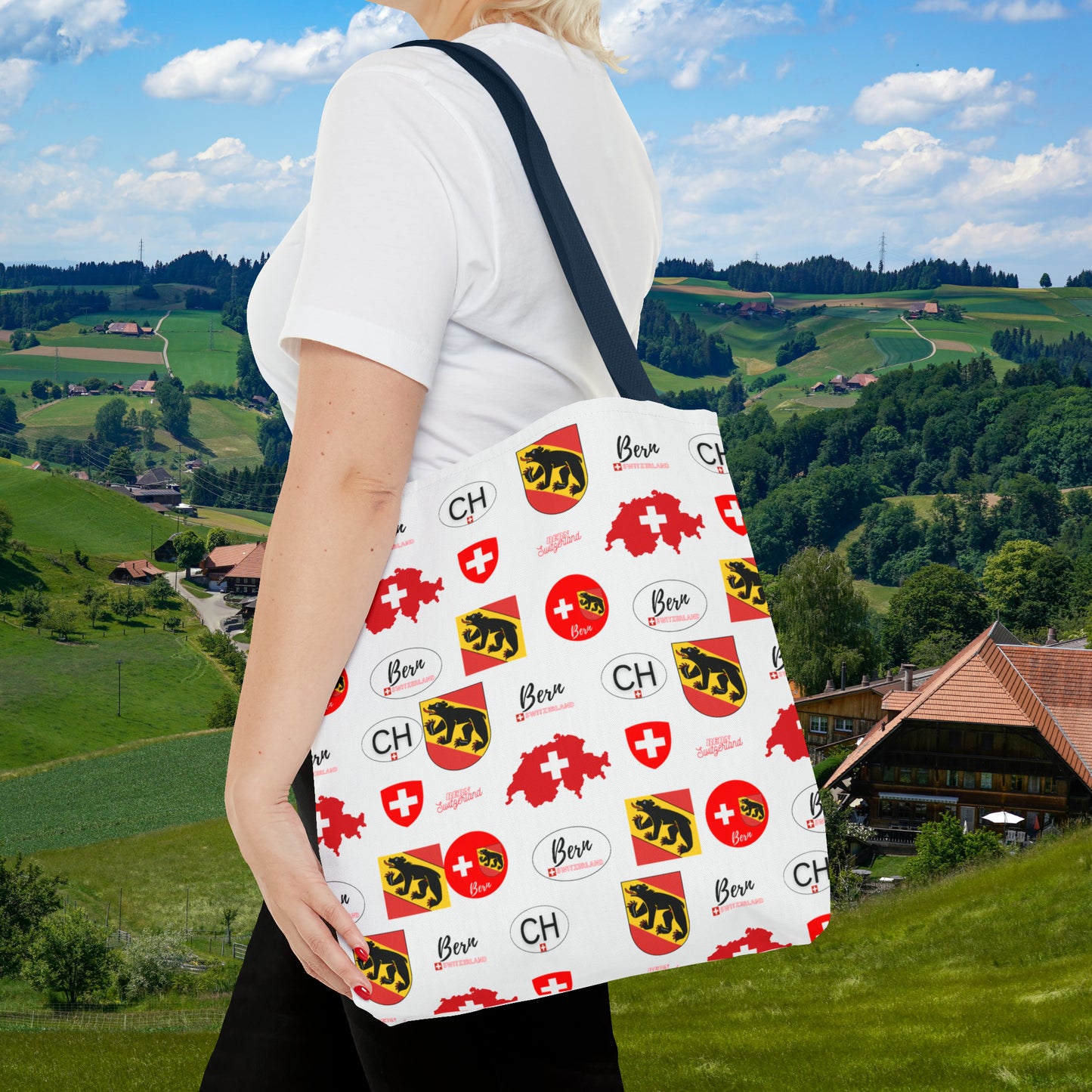 Bern Beauty All Over Tote: Swiss Flag, Coat of Arms & Map Pattern