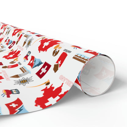 Swiss Travel and Culture Wrapping Paper - Swiss Map, Matterhorn, Edelweiss, Fondue, Chapel Bridge