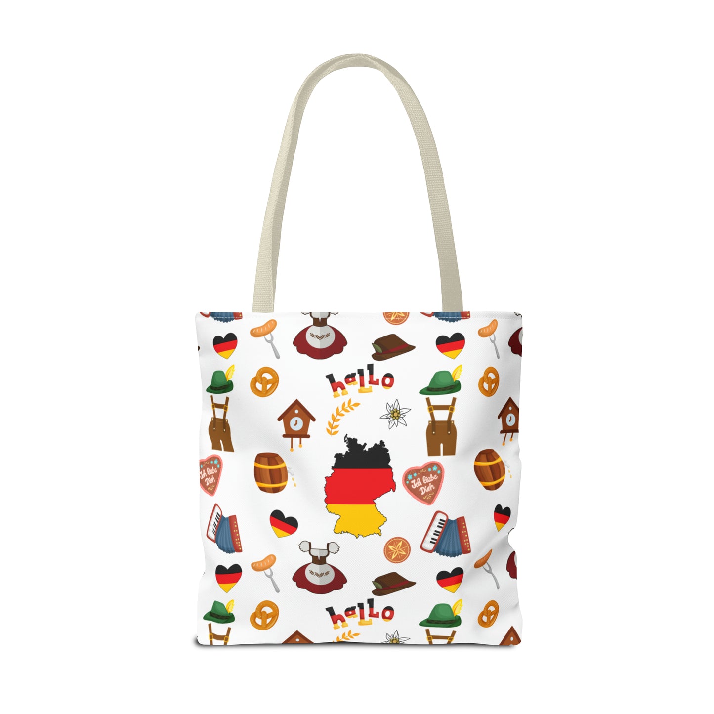 Authentic German Charm Tote: Flag, Traditional Attire, Pretzels, Sausages & More! Ideal for Wanderlust Souls (AOP)