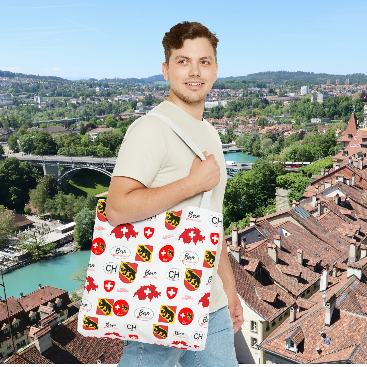 Bern Beauty All Over Tote: Swiss Flag, Coat of Arms & Map Pattern