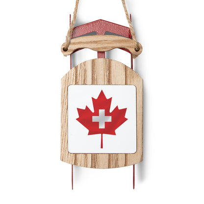 Swiss-Canadian Pride Sled Ornament featuring the Canadian Maple Leaf and Swiss Flag embedded together