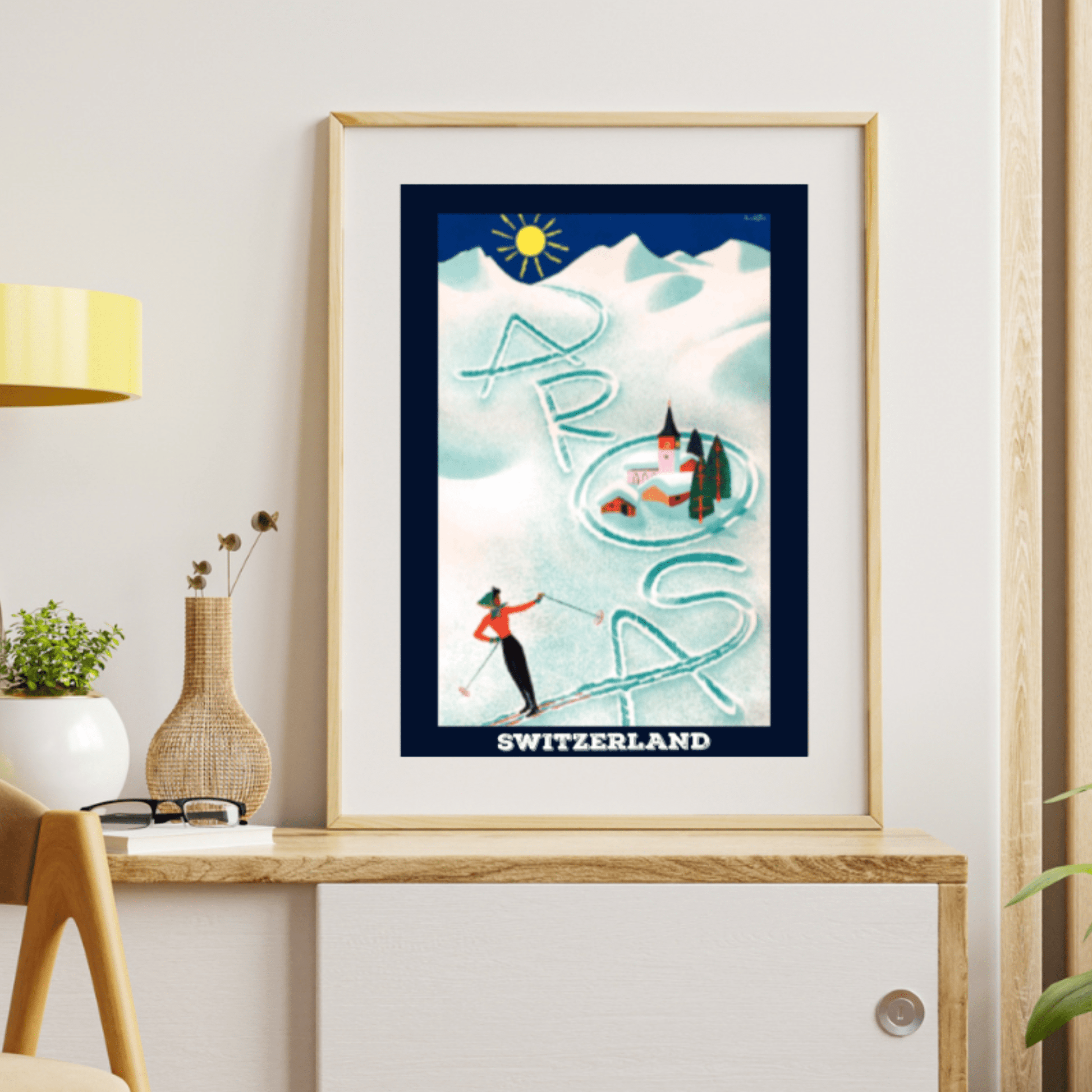 Vintage travel poster featuring Arosa, Switzerland's winterland, depicting the picturesque Swiss Alps covered in snow, charming cottages, and a nostalgic ambiance.