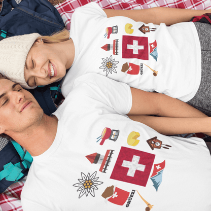 Swiss Travel Icons Unisex T-Shirt Collection: Edelweiss, Chocolate, and Chapel Bridge