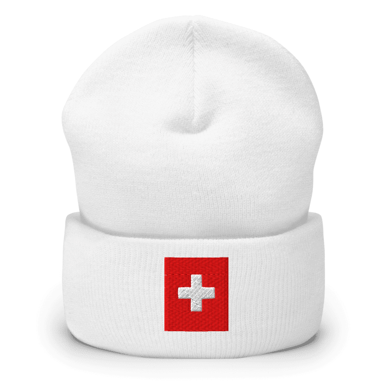 Cozy knit beanie featuring high-quality Swiss cross embroidery for Alpine adventures.