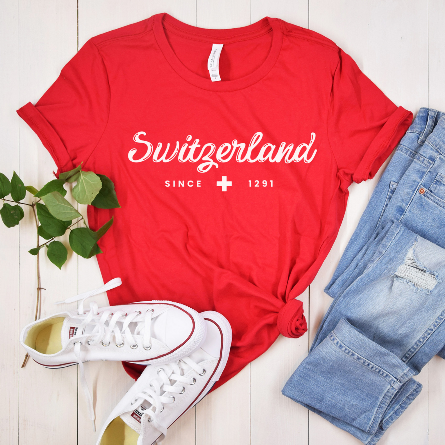 Red Switzerland Since 1291 T-Shirt with bold white print, perfect for travel enthusiasts and Swiss heritage lovers