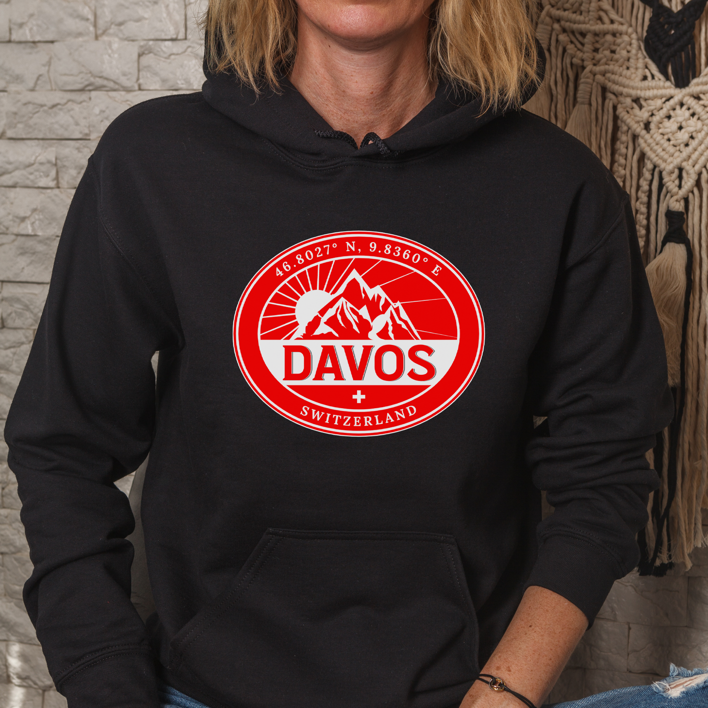 Davos, Switzerland | Outdoor Seal with Coordinates & Swiss Flag Classic Hoodie: Mountain Graphic & Swiss Flag