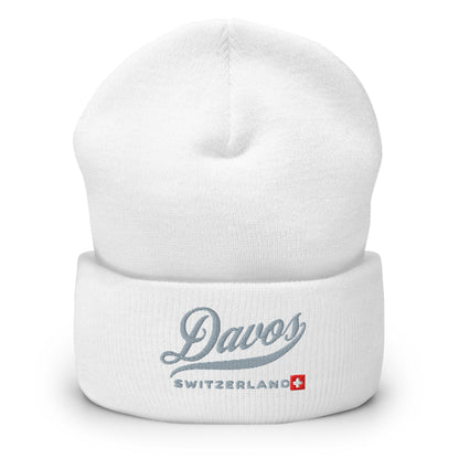 White Davos Switzerland embroidered beanie with stylish script and Swiss flag design