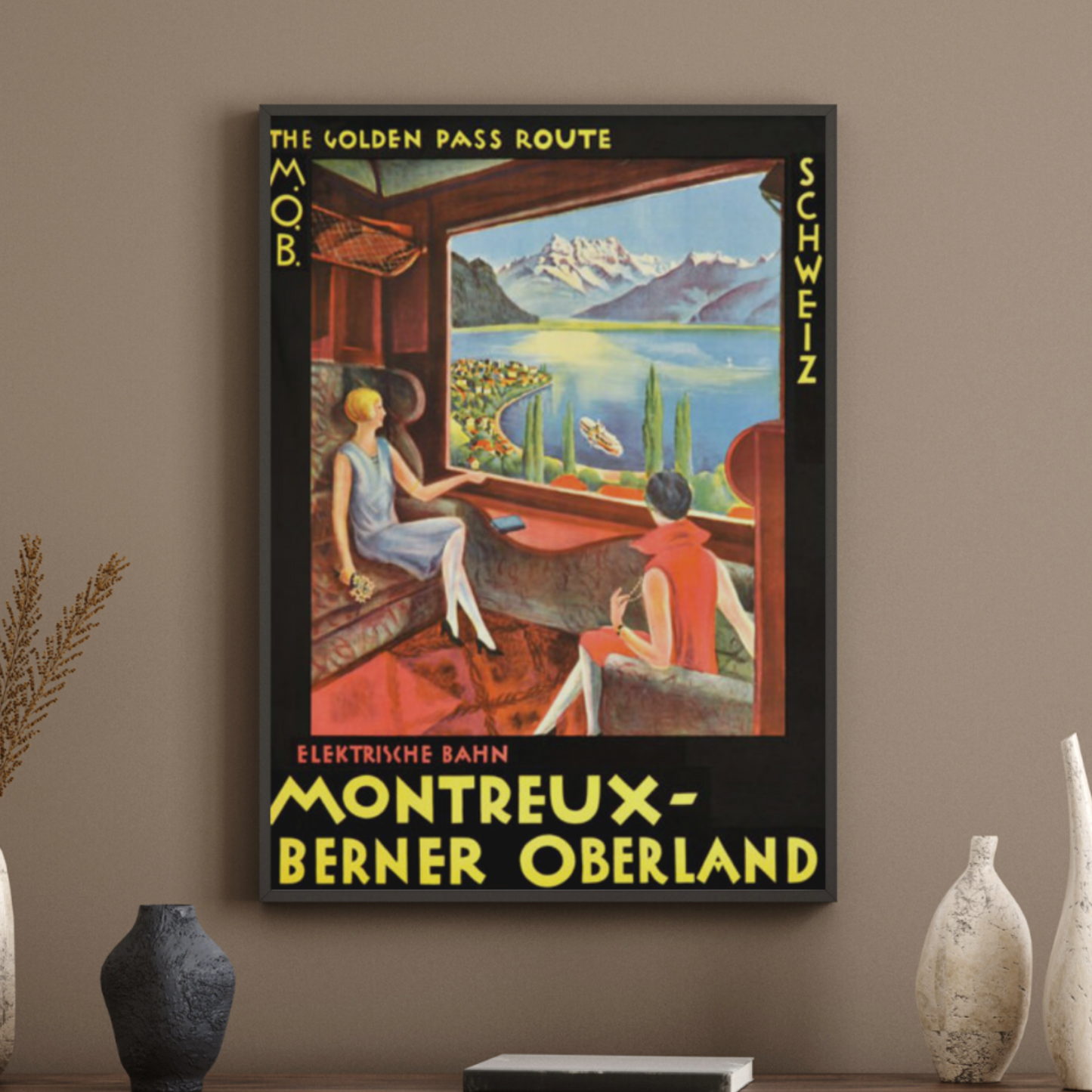 Vintage Montreux to Berner Oberland Train Travel Poster showcasing the Swiss Alps and the beauty of Lake Thun from an elegant old train cabin. A must-have for travel enthusiasts and art collectors