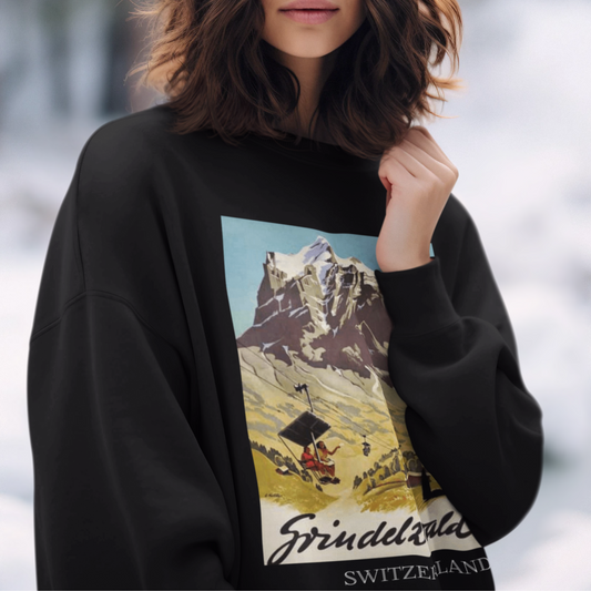 Grindelwald, Switzerland Vintage Travel Sweatshirt with retro illustration of the Swiss Alps.