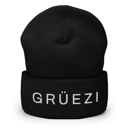 Grüezi embroidered black beanie with Swiss-inspired design