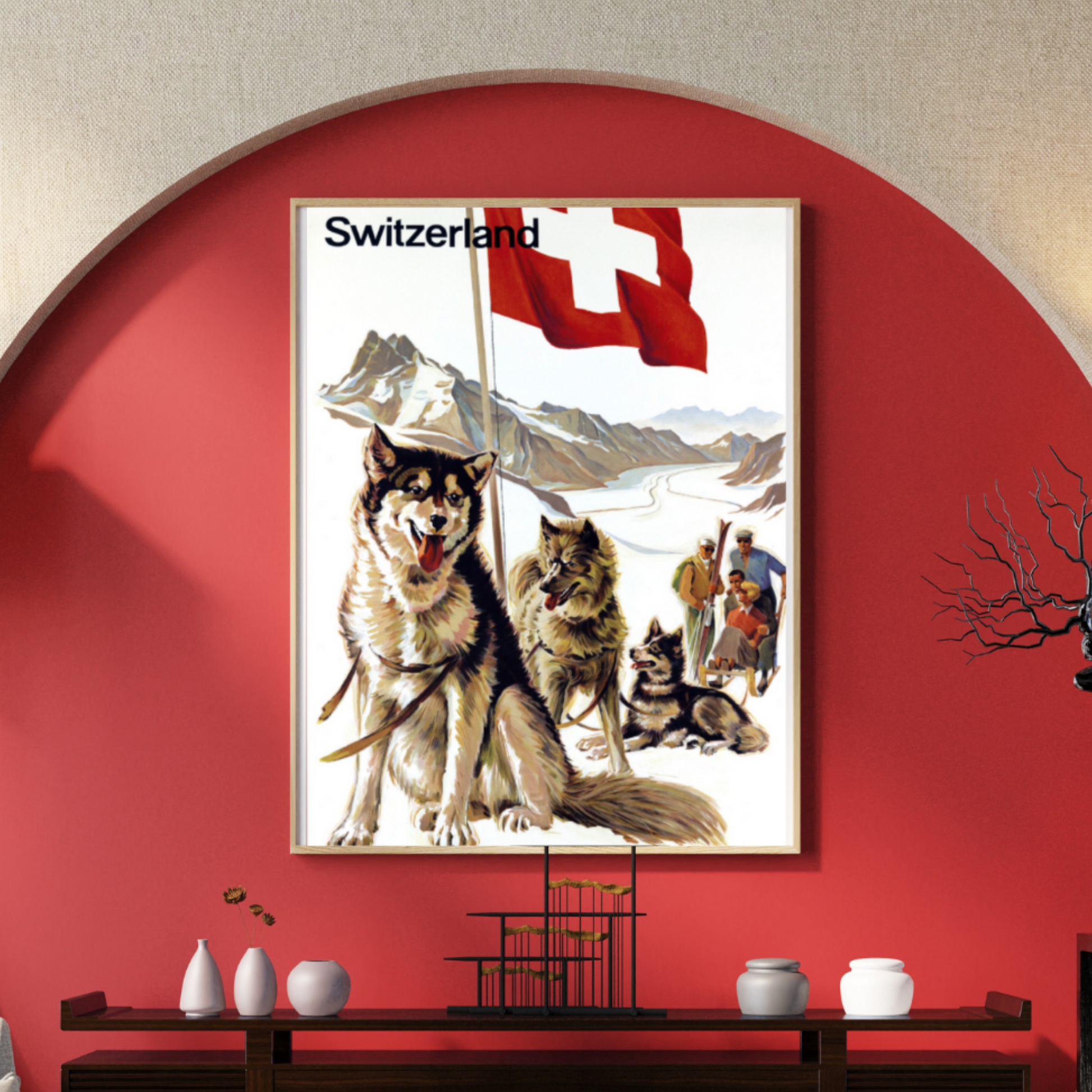 Vintage Jungfraujoch Switzerland Travel Poster featuring huskies pulling a sled with skiers in the breathtaking Swiss Alps. A must-have for travel enthusiasts and art lovers.