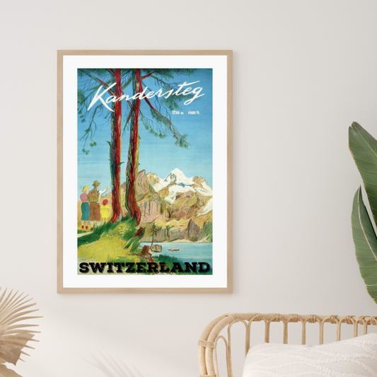 Vintage Kandersteg Switzerland Travel Poster showcasing the timeless charm of the Swiss Alps and the picturesque Swiss village. A must-have for travel enthusiasts and art lovers