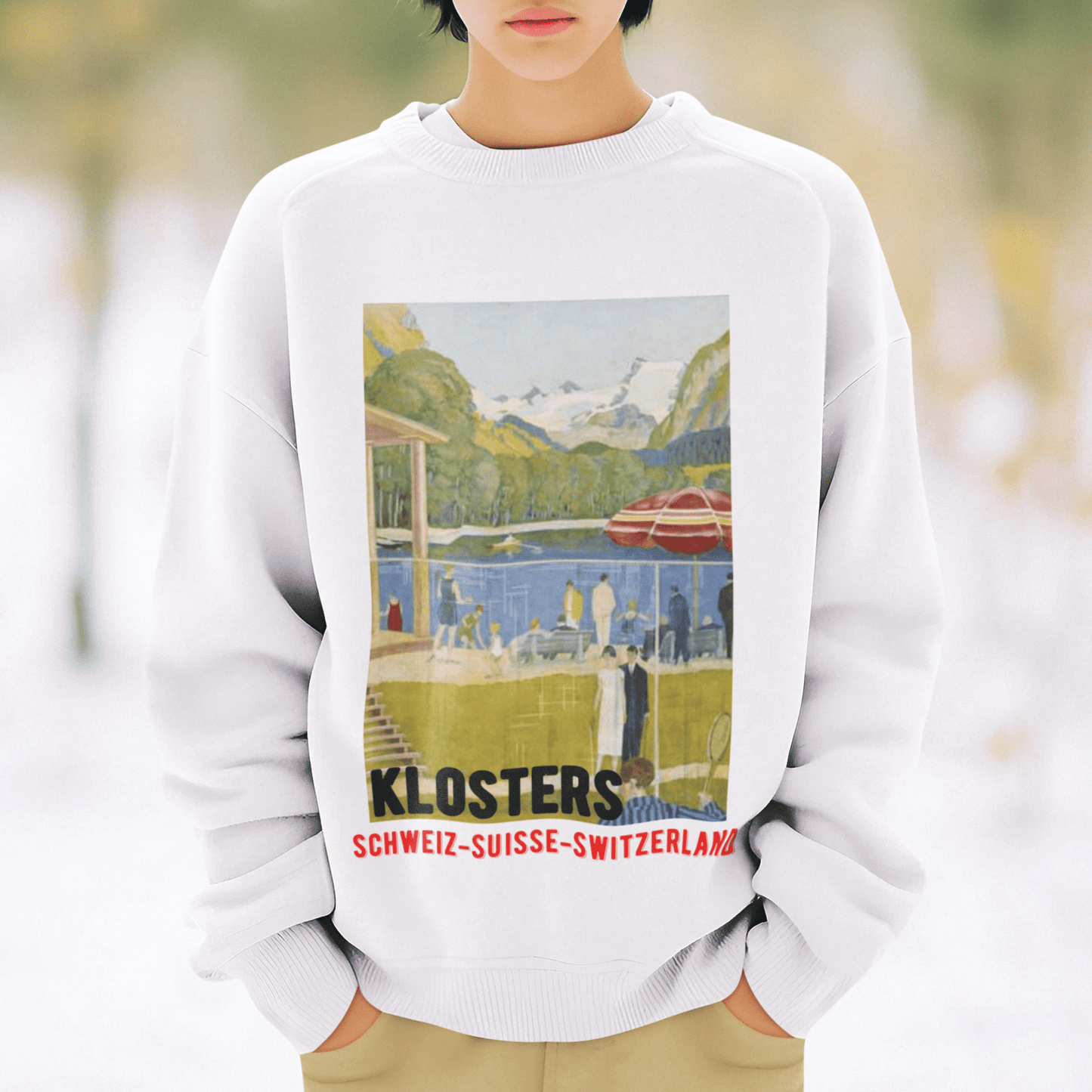 klosters switzerland Vintage travel poster sweatshirt featuring mountain lake and Swiss Alps design.