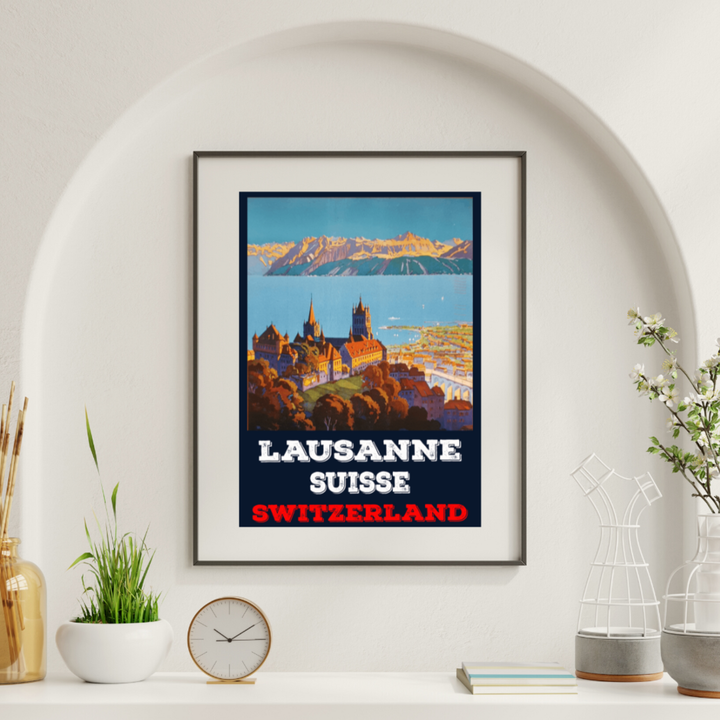 Lausanne, Switzerland and Lake Geneva Retro Travel Poster - Vintage Wall Art - Swiss Travel Decor