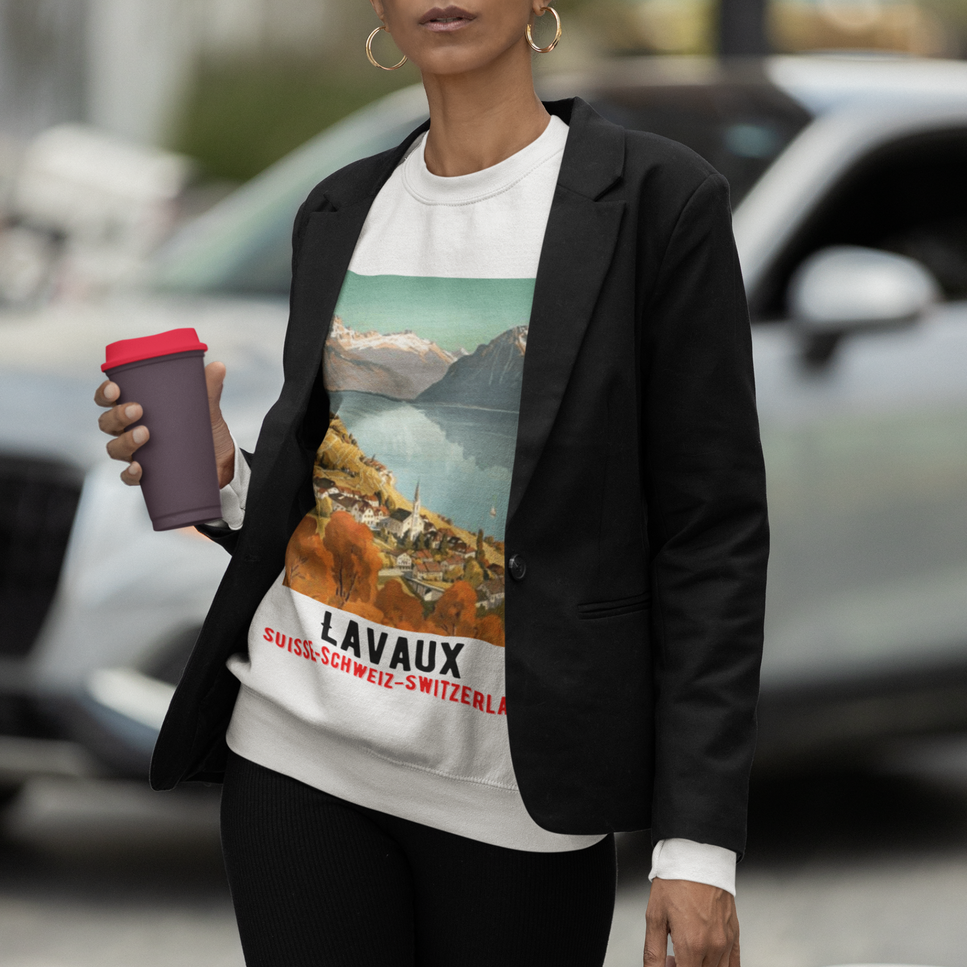 Lavaux, Switzerland Vintage Travel Sweatshirt featuring a vintage travel poster of Lake Geneva and the Alps