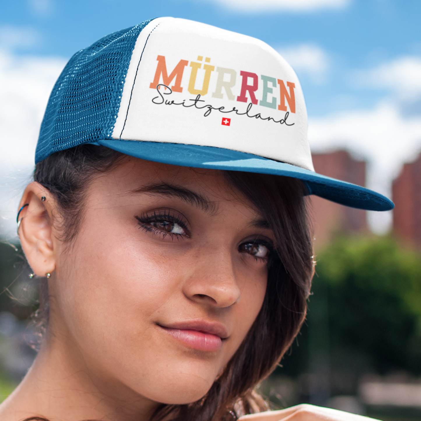 Cute Retro Mürren Switzerland Foam Trucker Hat - Swiss Flag Stylish Alpine Cap for All Occasions