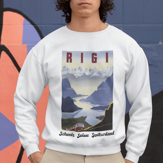 Rigi, Switzerland Retro Travel Sweatshirt - Vintage design featuring Rigi overlooking Swiss Alps and Lake Lucerne. Premium comfort for wanderlust souls