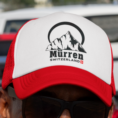 Mürren, Switzerland Foam Trucker Hat | Minimalistic Mountain Logo with Swiss Flag