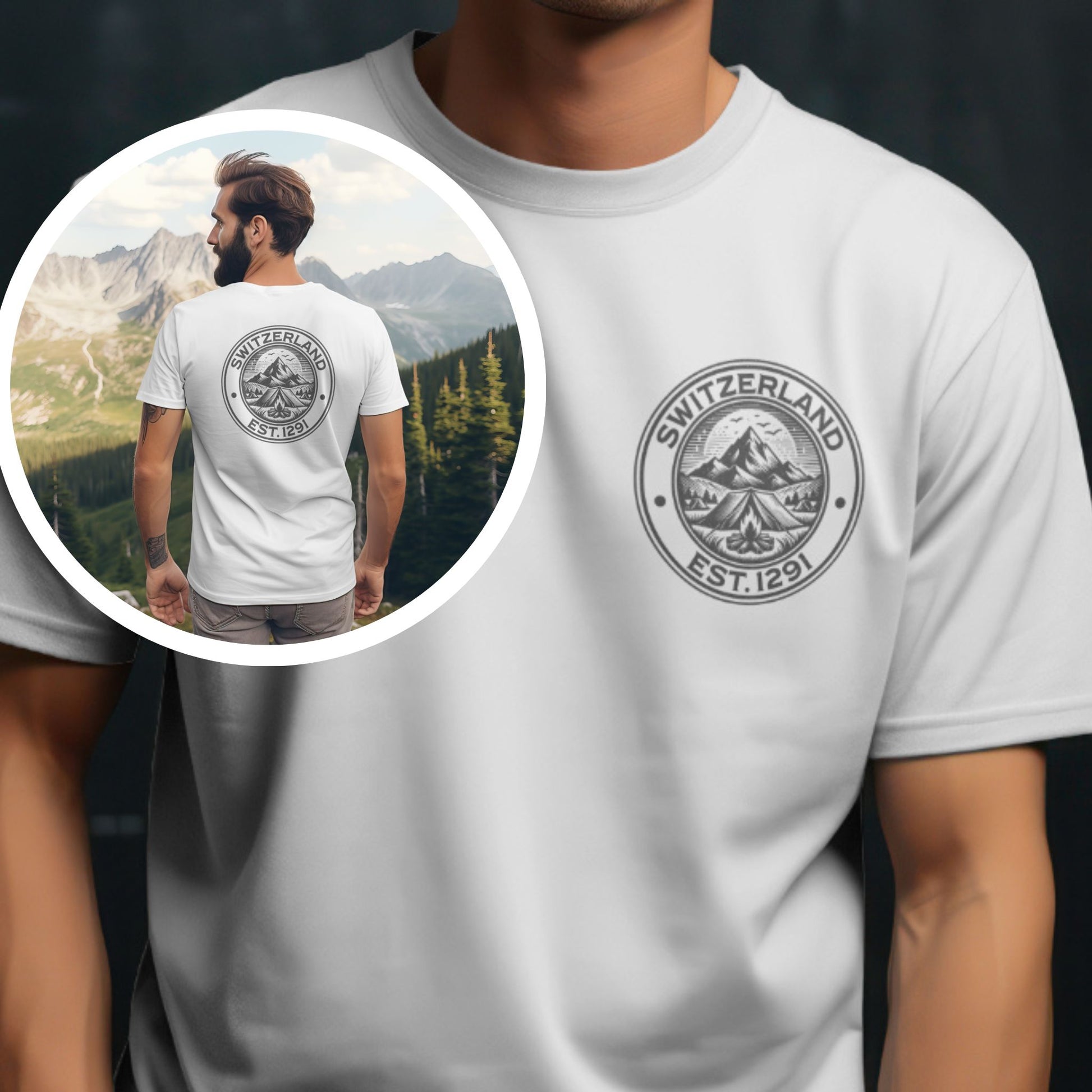 White t-shirt with a vintage-style Switzerland mountain badge design, featuring "Established 1291