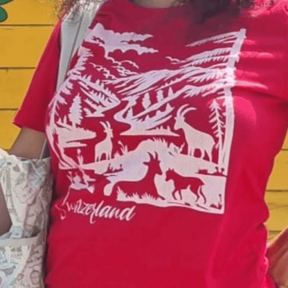 Swiss Landscape Papercut Design T-Shirt in red