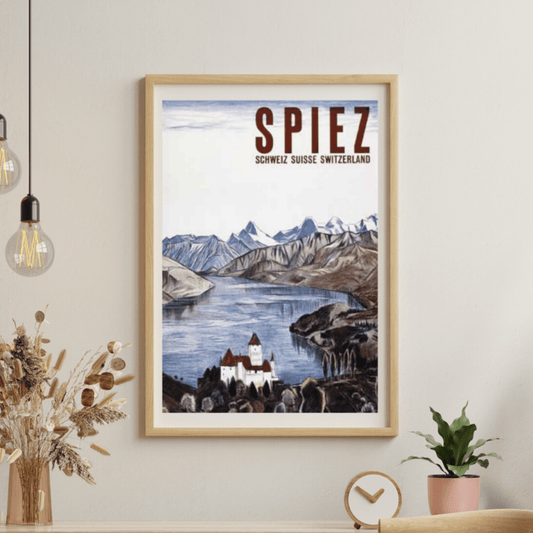 Vintage Spiez Switzerland Travel Poster featuring the majestic Swiss Alps and the serene beauty of Lake Thun. A must-have for travel enthusiasts and art lovers.