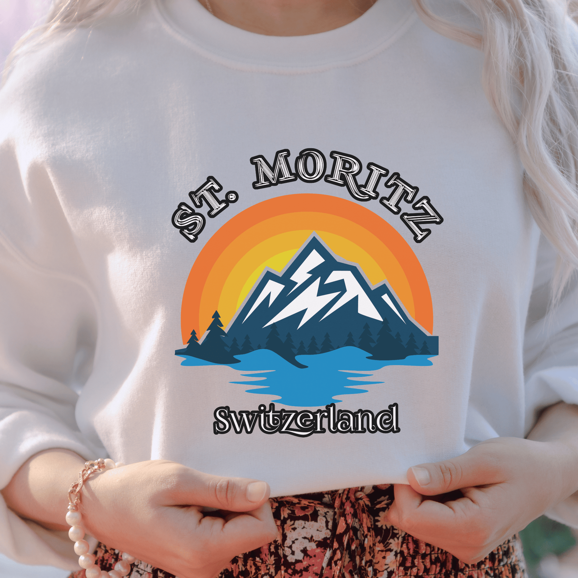 St. Moritz, Switzerland | Retro Sunset Alps Mountains Trees & Lake | Unisex Sweatshirt - Cozy and Stylish Alpine Apparel