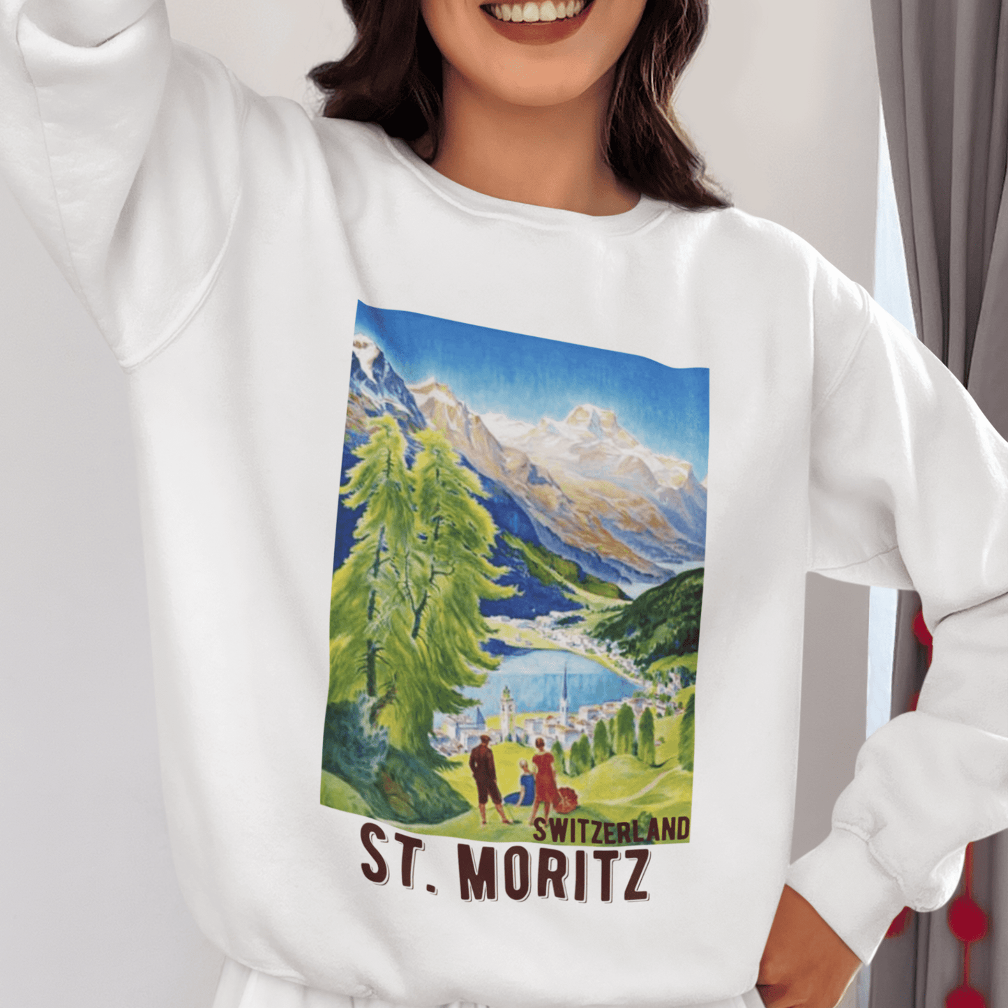 Vintage travel poster sweatshirt featuring summer scene of St. Moritz