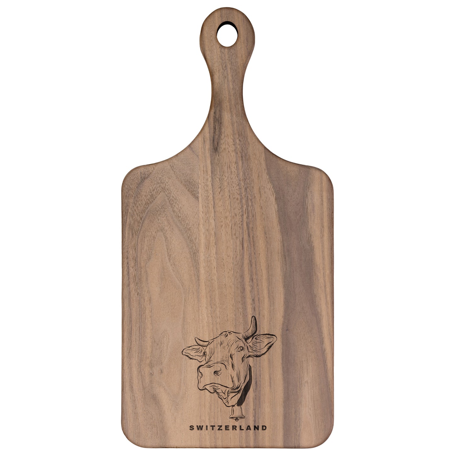 Rustic Swiss cow-themed cutting board, perfect for kitchen decor