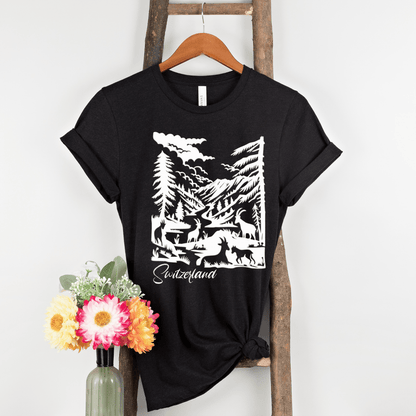 Swiss Landscape Papercut Design T-Shirt, perfect for travel and nature enthusiasts