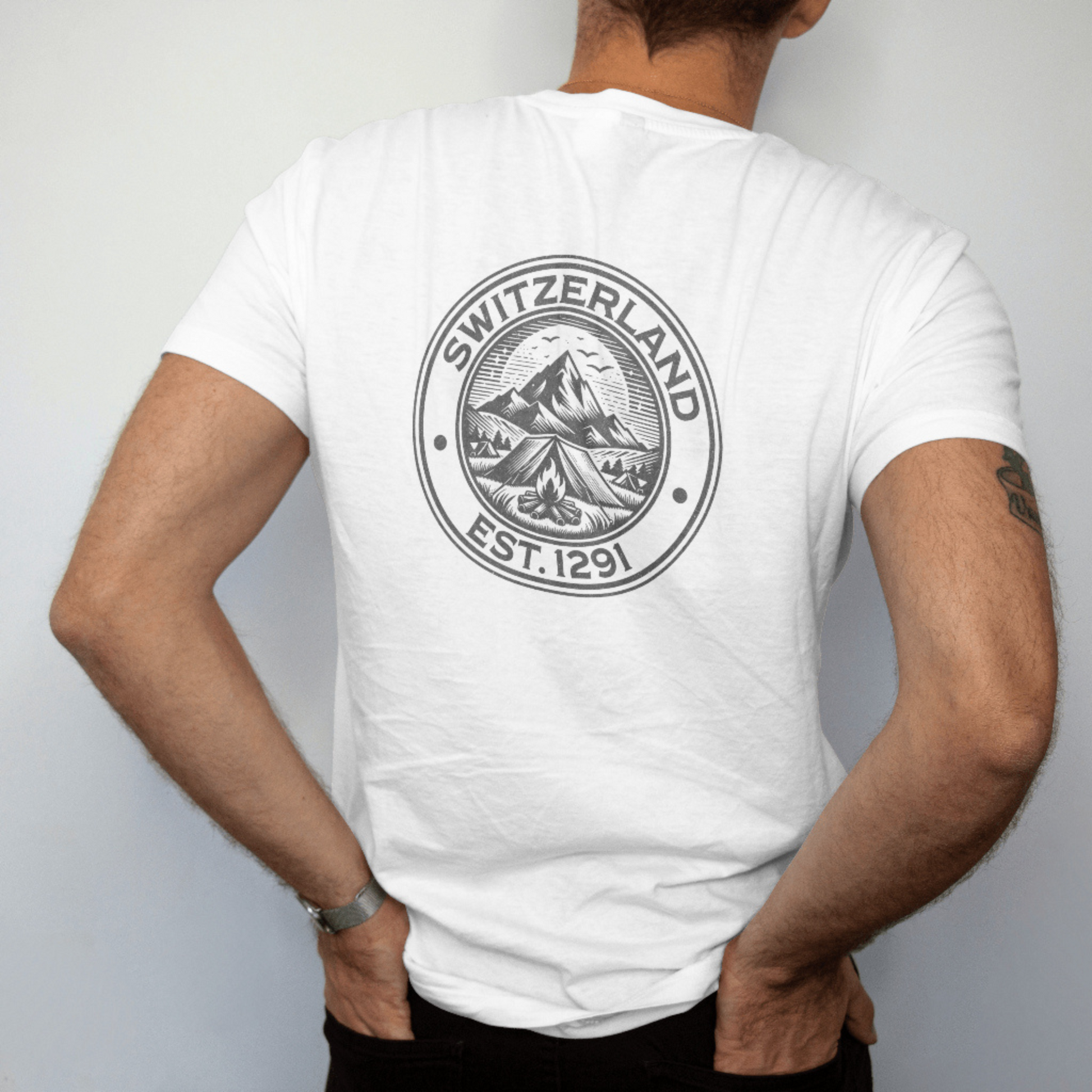 Premium Switzerland camping t-shirt with vintage-inspired design, featuring mountains, campfire, and tent, perfect for outdoor enthusiasts