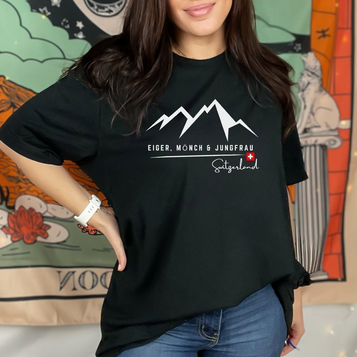 Eiger, Mönch & Jungfrau Swiss Alps t-shirt showcasing the iconic mountain trio's splendor.