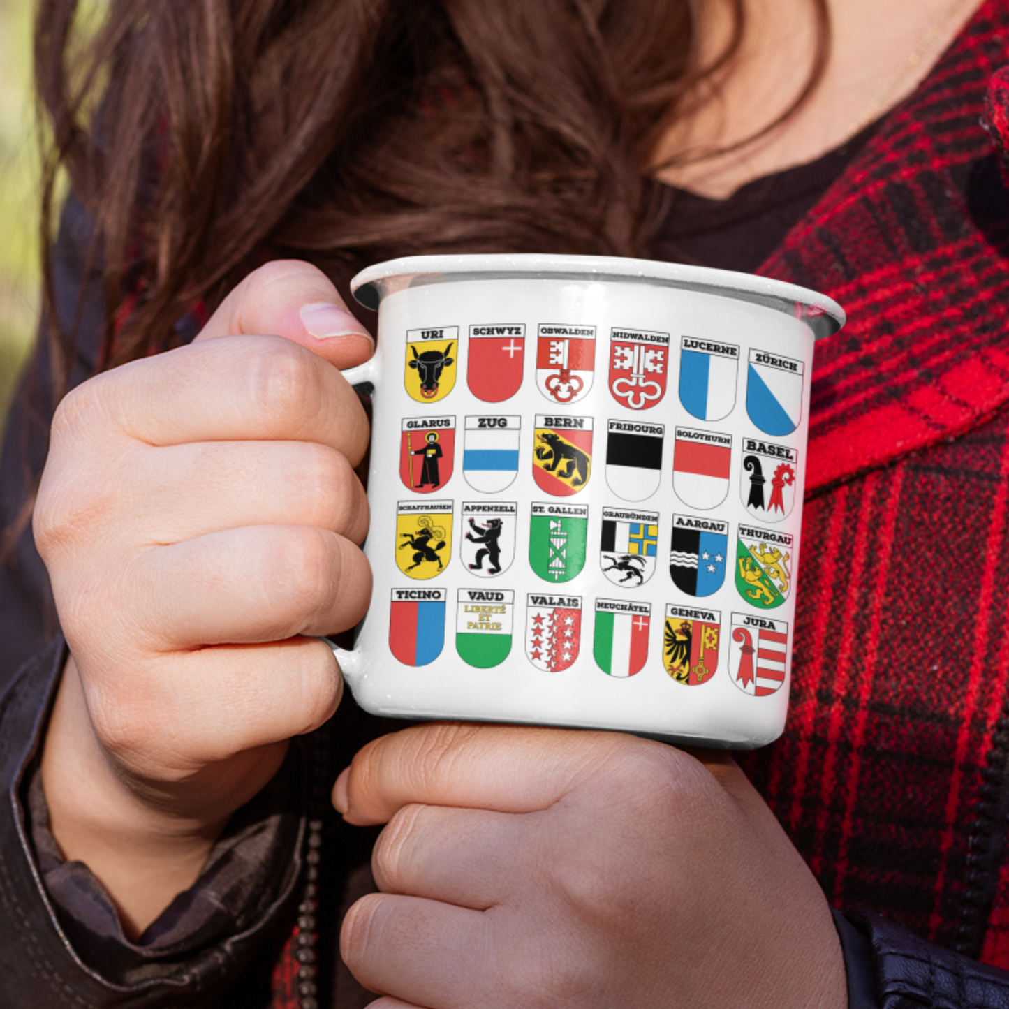 Switzerland Cantons Enamel Camping Mug featuring the coat of arms of Swiss cantons, perfect for outdoor adventure