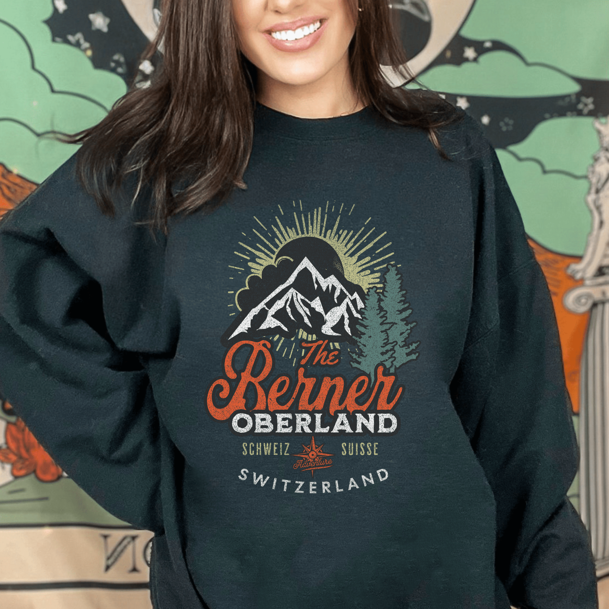 Model wearing Berner Oberland Switzerland sweatshirt