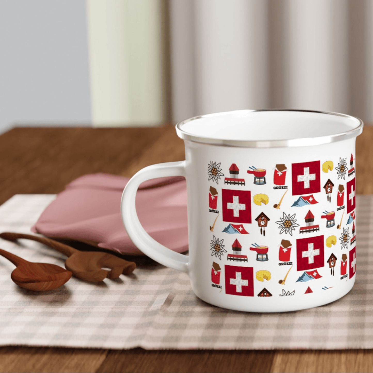 Swiss Adventure Camping Mug featuring iconic Swiss symbols: Edelweiss, Swiss map and flag, Lucerne Chapel Bridge, Cuckoo Clock, Swiss chocolate, Swiss cheese, and majestic mountains. Perfect for travel enthusiasts and admirers of Switzerland's beauty