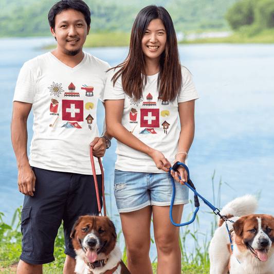 Unisex t-shirt showcasing Swiss travel icons - edelweiss flower, Swiss chocolate, and Lucerne Chapel Bridge - a fusion of culture and style