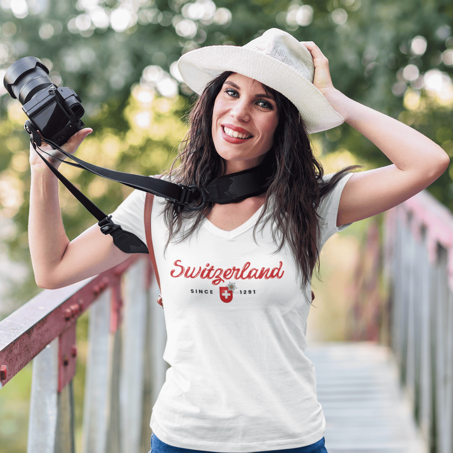 Switzerland since 1291 Premium Women's V-Neck T-shirt featuring Swiss coat of arms and Edelweiss flower. A stylish blend of tradition and modern elegance