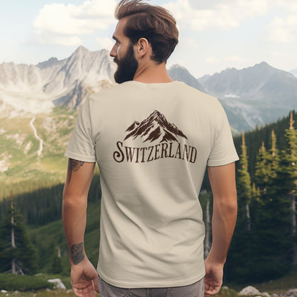 Man hiking while wearing Switzerland mountain T-shirt