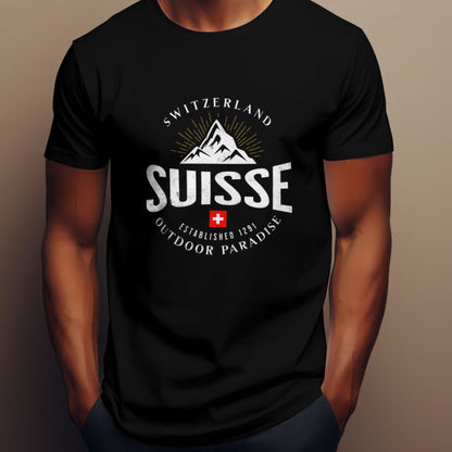 Suisse Outdoor Paradise t-shirt featuring bold mountain graphic and Swiss cross emblem