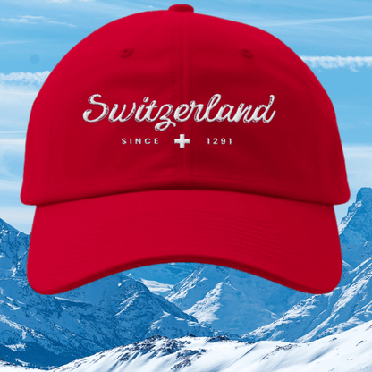 Red cap with white embroidery reading ‘Switzerland since 1291’ and featuring the Swiss cross