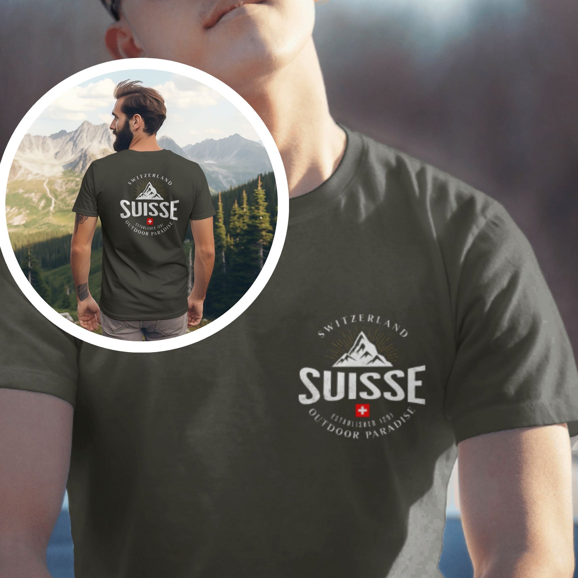 Switzerland pocket t-shirt with mountain and Swiss cross design on front pocket and back, ideal for outdoor adventures