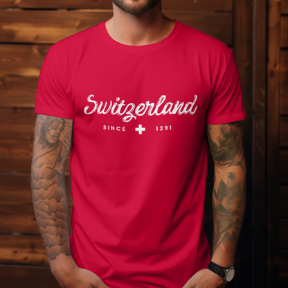 Swiss Red Souvenir Shirt featuring ‘Switzerland Since 1291’ design, ideal for nature fans and proud Swiss descendants