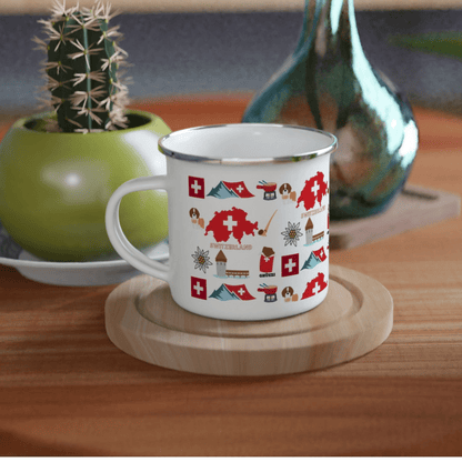 Swiss Travel Icons Camping Mug with Edelweiss, swiss flag, bernese mountain dog, cheese fondue