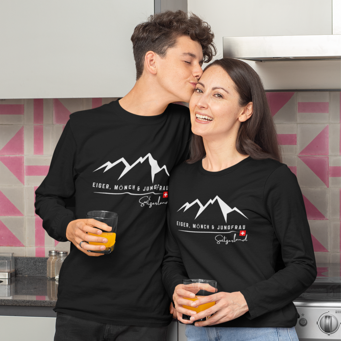 Minimalistic Swiss Alps skyline longsleeve shirt featuring Eiger, Mönch, and Jungfrau peaks