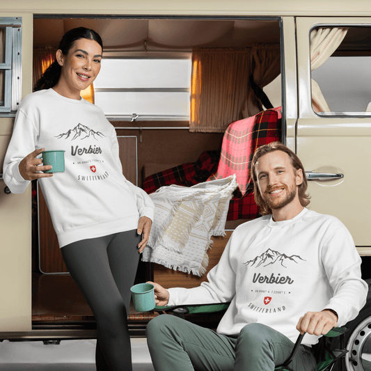 Unisex sweatshirt featuring a stylish mountain adventure badge and the iconic Swiss Coat of Arms, perfect for adventurers and admirers of Verbier's captivating landscapes and the beauty of the Swiss Alps