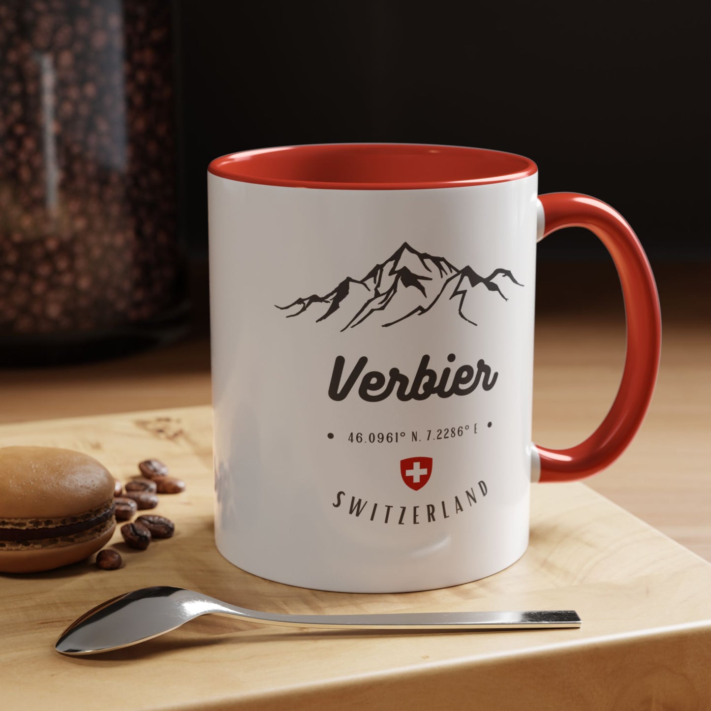 Verbier Switzerland mountain lover mug red white