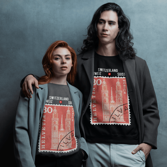 Zürich Vintage Stamp Sweatshirt featuring the iconic Grossmünster 