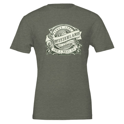 green shirt featuring a retro "Switzerland is Calling" design, ideal for travelers, Swiss pride, and adventure lovers.